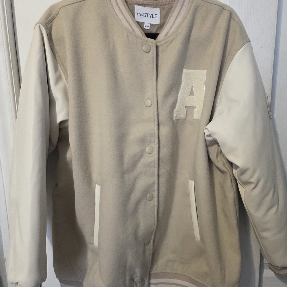 Varsity Ladies Bomber Jacket NWOT Size Medium Beige & Cream 'My Style'